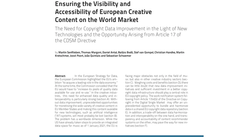 Ensuring the Visibility and Accessibility of European Creative Content on the World Market: The Need for Copyright Data Improvement in the Light of New Technologies